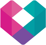 A heart shaped logo with pink, purple, and blue colors.
